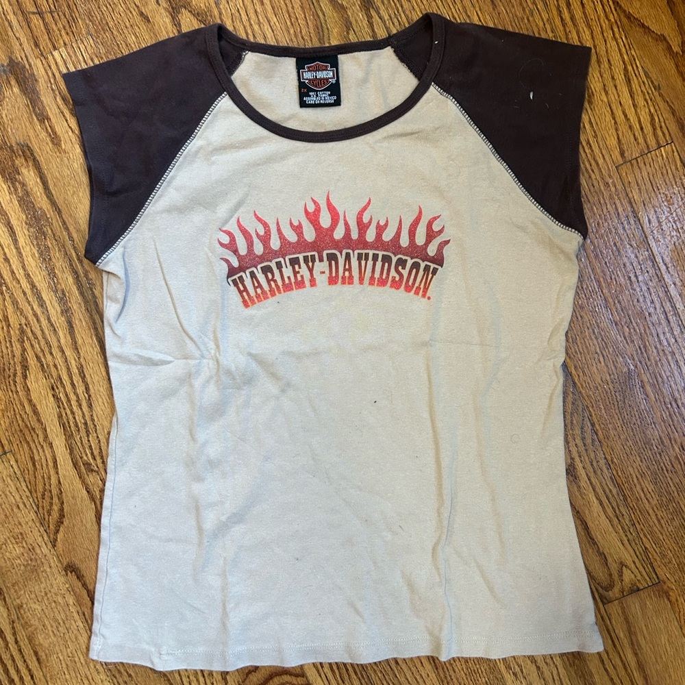 Harley Davidson Baby Tee Brown and Beige with red flames